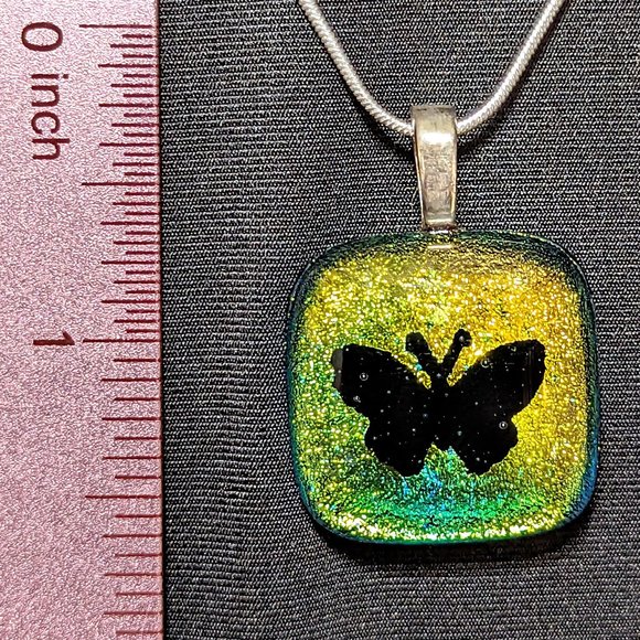 Signed BUTTERFLY Etch Green & Yellow Dichroic Glass Pendant w/ Sterling Chain - Picture 2 of 6